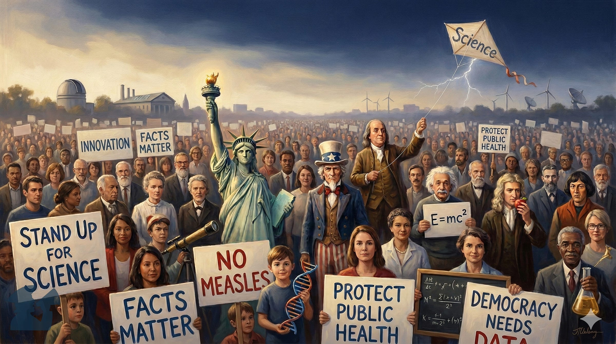 A large-scale historical illustration painting, in a mural style, depicting a vast, diverse crowd of people gathered in an outdoor plaza at twilight, with an observatory and industrial buildings in the background. The composition is centered on the Statue of Liberty holding her torch. Surrounding her are key historical and symbolic figures, including Uncle Sam, George Washington, and numerous historical scientists. Albert Einstein holds an 'E=mc²' sign. Benjamin Franklin holds a kite with the word 'Science' on it. Various people in the crowd, including scientists and civilians of all ages and backgrounds, hold numerous hand-painted signs. Prominent signs in the foreground read: 'STAND UP FOR SCIENCE', 'FACTS MATTER', 'PROTECT PUBLIC HEALTH', 'DEMOCRACY NEEDS DATA', and 'NO MEASLES'. Smaller signs read 'VOTE', 'KNOWLEDGE IS POWER', 'RESEARCH', and 'TECHNOLOGY'. A boy holds a DNA double helix model. A woman holds a telescope. The overall scene conveys a collective movement in support of science, facts, and public health. A large-scale historical illustration painting, in a mural style, depicting a vast, diverse crowd of people gathered in an outdoor plaza at twilight, with an observatory and industrial buildings in the background. The composition is centered on the Statue of Liberty holding her torch. Surrounding her are key historical and symbolic figures, including Uncle Sam, George Washington, and numerous historical scientists. Albert Einstein holds an 'E=mc²' sign. Benjamin Franklin holds a kite with the word 'Science' on it. Various people in the crowd, including scientists and civilians of all ages and backgrounds, hold numerous hand-painted signs. Prominent signs in the foreground read: 'STAND UP FOR SCIENCE', 'FACTS MATTER', 'PROTECT PUBLIC HEALTH', 'DEMOCRACY NEEDS DATA', and 'NO MEASLES'. Smaller signs read 'VOTE', 'KNOWLEDGE IS POWER', 'RESEARCH', and 'TECHNOLOGY'. A boy holds a DNA double helix model. A woman holds a telescope. The overall scene conveys a collective movement in support of science, facts, and public health.