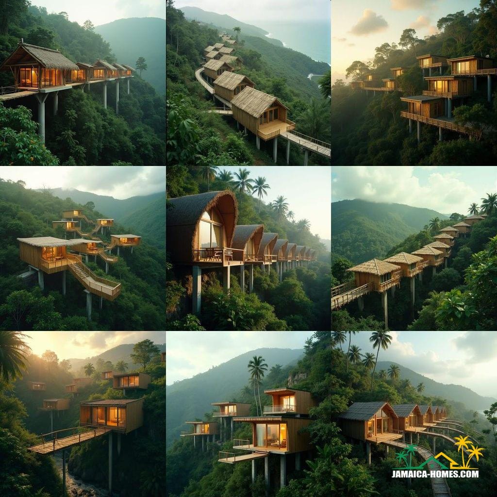 Cinematic film still of budget-friendly bamboo homes with ample glass, built on a Jamaican hillside