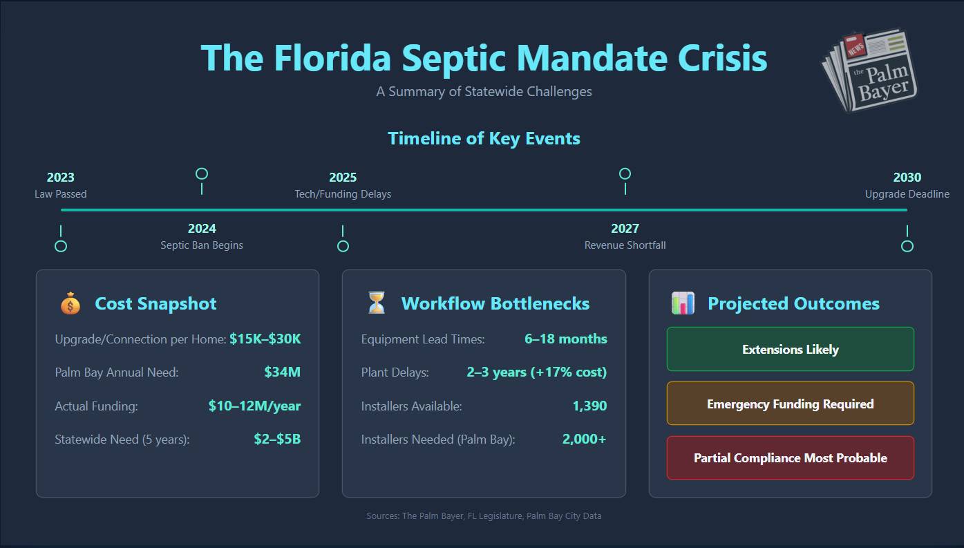 Infographic titled “The Florida Septic Mandate Crisis: A Summary of Statewide Challenges,” displaying a timeline of key mandates (2023 law passed, 2024 septic ban, 2025 tech/funding delays, 2027 revenue shortfall, 2030 upgrade deadline), alongside cost snapshot ($15K–$30K per home, $34M Palm Bay need, $2–$5B statewide need), workflow bottlenecks (6–18 month equipment lead times, 2–3 year plant delays, 1,390 installers available, 2,000+ needed), and projected outcomes (extensions likely, emergency funding, partial compliance probable). Infographic titled “The Florida Septic Mandate Crisis: A Summary of Statewide Challenges,” displaying a timeline of key mandates (2023 law passed, 2024 septic ban, 2025 tech/funding delays, 2027 revenue shortfall, 2030 upgrade deadline), alongside cost snapshot ($15K–$30K per home, $34M Palm Bay need, $2–$5B statewide need), workflow bottlenecks (6–18 month equipment lead times, 2–3 year plant delays, 1,390 installers available, 2,000+ needed), and projected outcomes (extensions likely, emergency funding, partial compliance probable).
