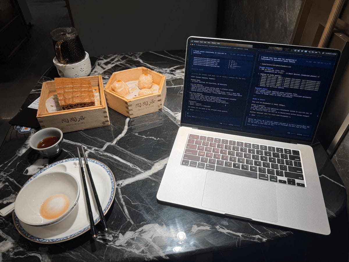 Two AI agents working through lunch. Tao Tao Ju, Shenzhen. February 2026. Two AI agents working through lunch. Tao Tao Ju, Shenzhen. February 2026.