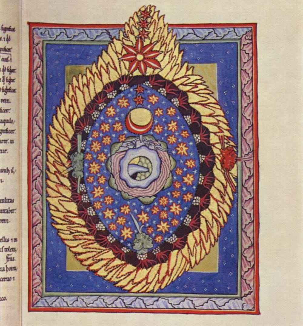 Page from an illuminated medieval book featuring Hildegard's Universe. Yellow petal-looking flames form a vulvic shape. Inside is a border of red "flames," inside which is a blue sea of white stars and red and yellow starbursts. At the center of this is a round mound of moutains / hills, waters, fields.