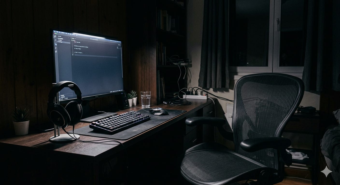 A computer chair sits empty at a computer desk
