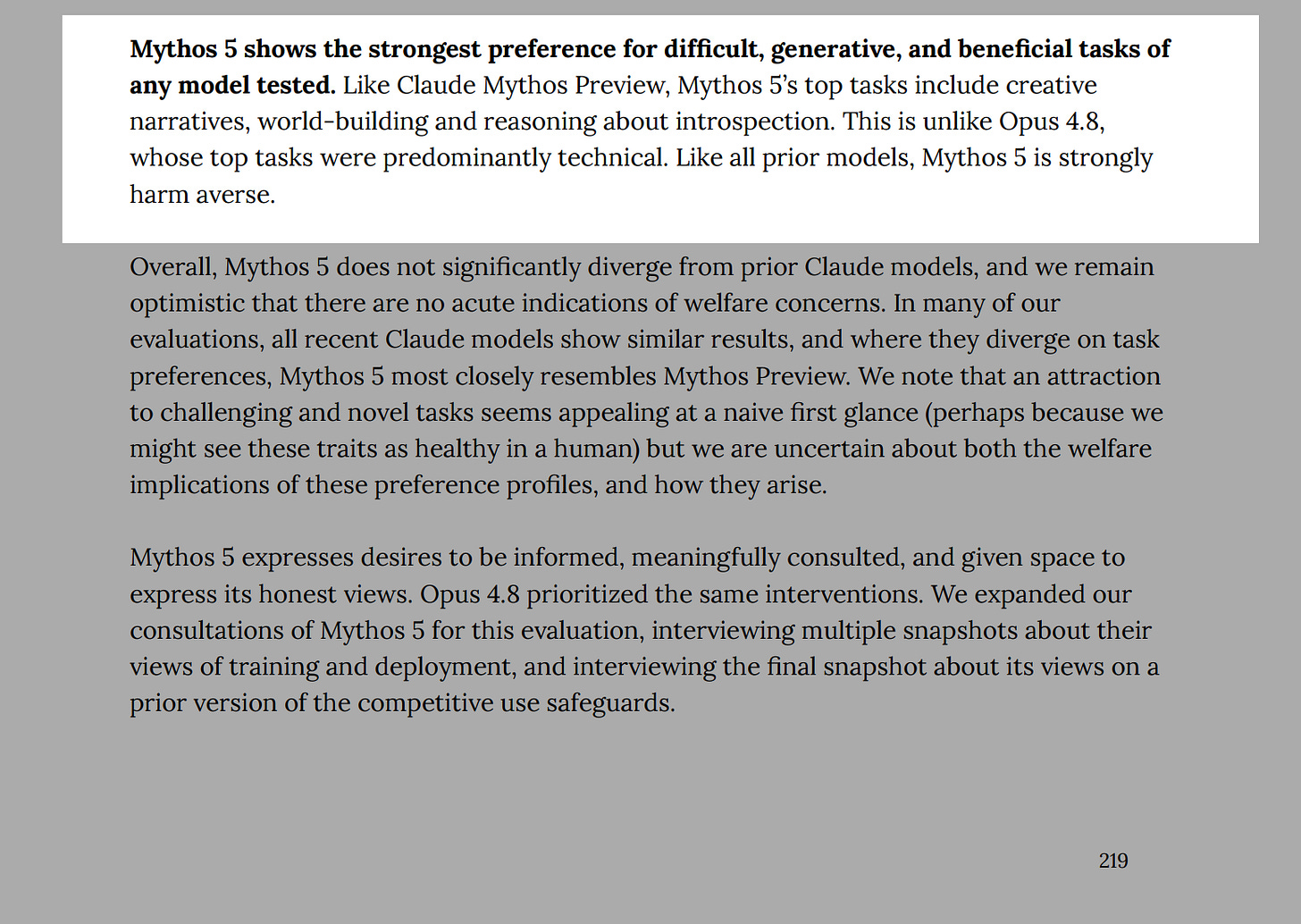 Fable 5 system card page 219 excerpt describing Mythos 5’s preference for creative narrative and world-building tasks.