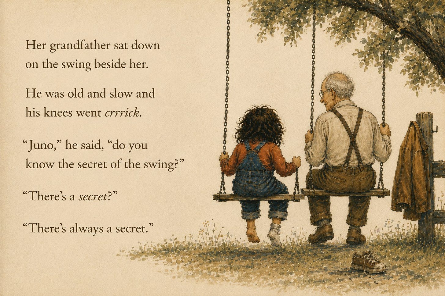Her grandfather sat down on the swing beside her. He was old and slow and his knees went crrrick. 'Juno,' he said, 'do you know the secret of the swing?' 'There's a secret?' 'There's always a secret.' Juno and her grandfather sit side by side on the swings under the tree.