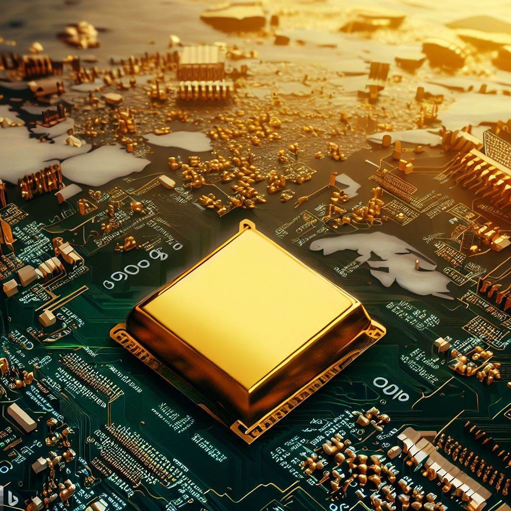 Gold semiconductor out of a factory surrounded by countries