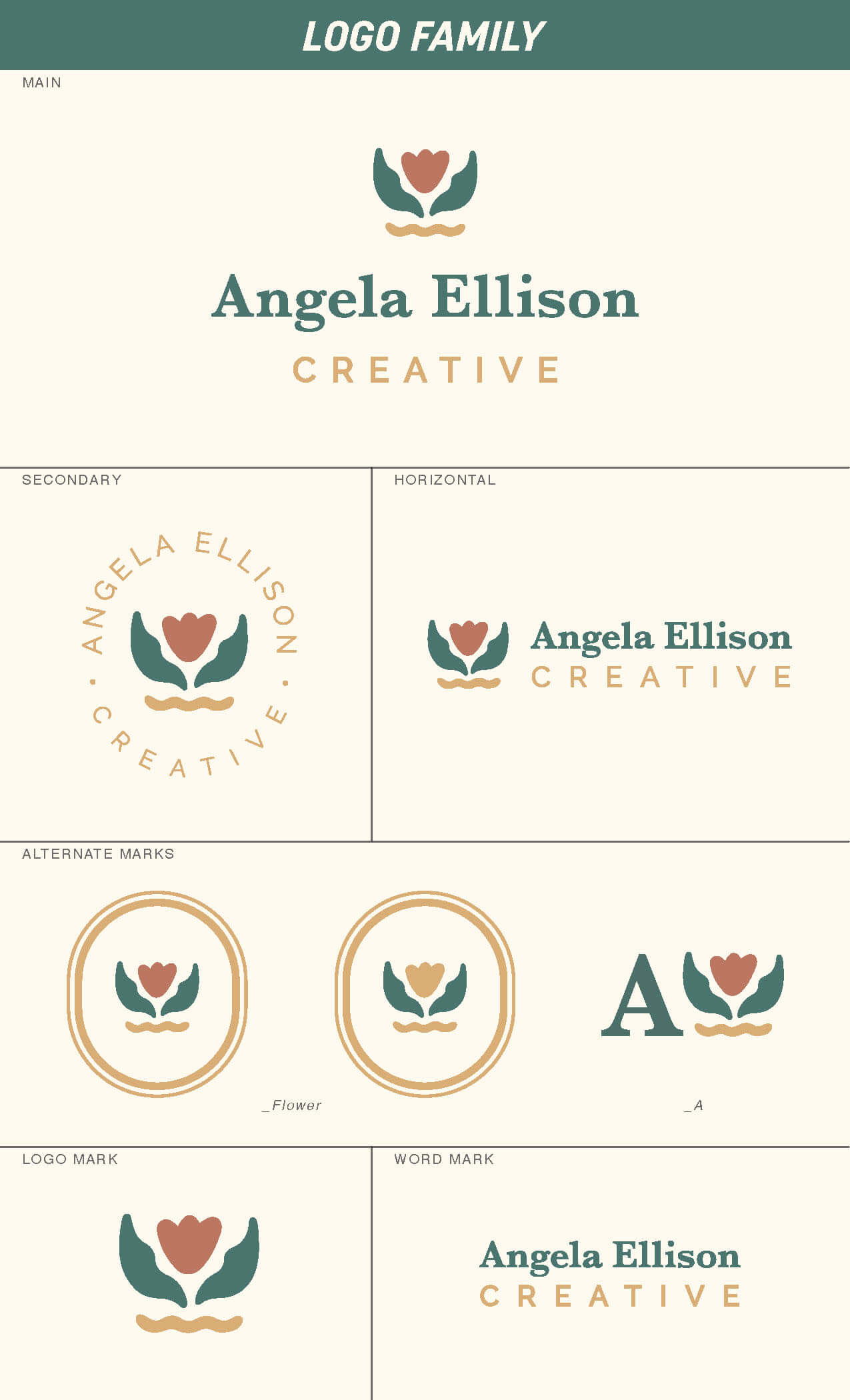 Example of a logo family created for Angela Ellison Creative, logos created with a flowery mark and a pairing of a classic serif typeface and clean sans serif.