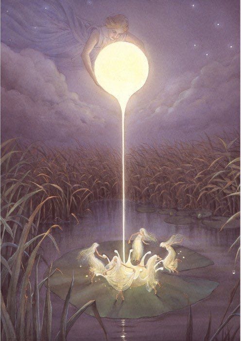 This may contain: a painting of a woman floating on top of a lily pad under a full moon
