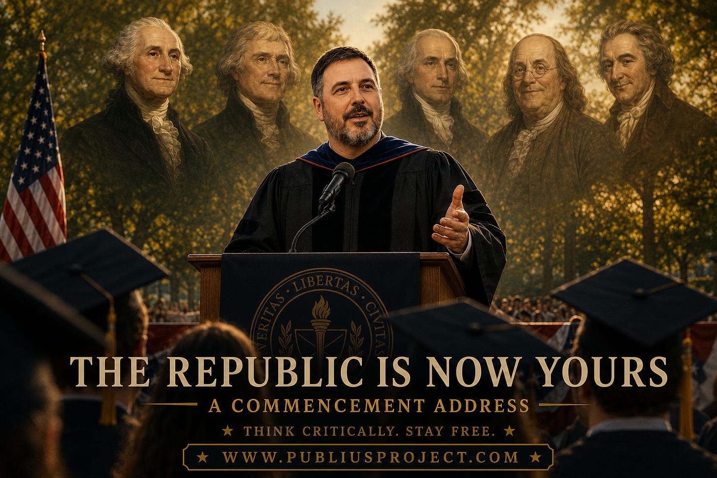 Illustrated poster featuring the author as a commencement speaker addressing graduates at an outdoor ceremony while the Founding Fathers appear in the background. The image includes the title “The Republic Is Now Yours,” the subtitle “A Commencement Address,” the phrase “Think Critically. Stay Free.,” and the Publius Project website address. Illustrated poster featuring the author as a commencement speaker addressing graduates at an outdoor ceremony while the Founding Fathers appear in the background. The image includes the title “The Republic Is Now Yours,” the subtitle “A Commencement Address,” the phrase “Think Critically. Stay Free.,” and the Publius Project website address.