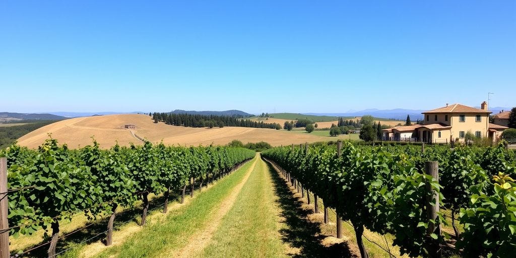 Tuscan vineyard with grapevines and farmhouse