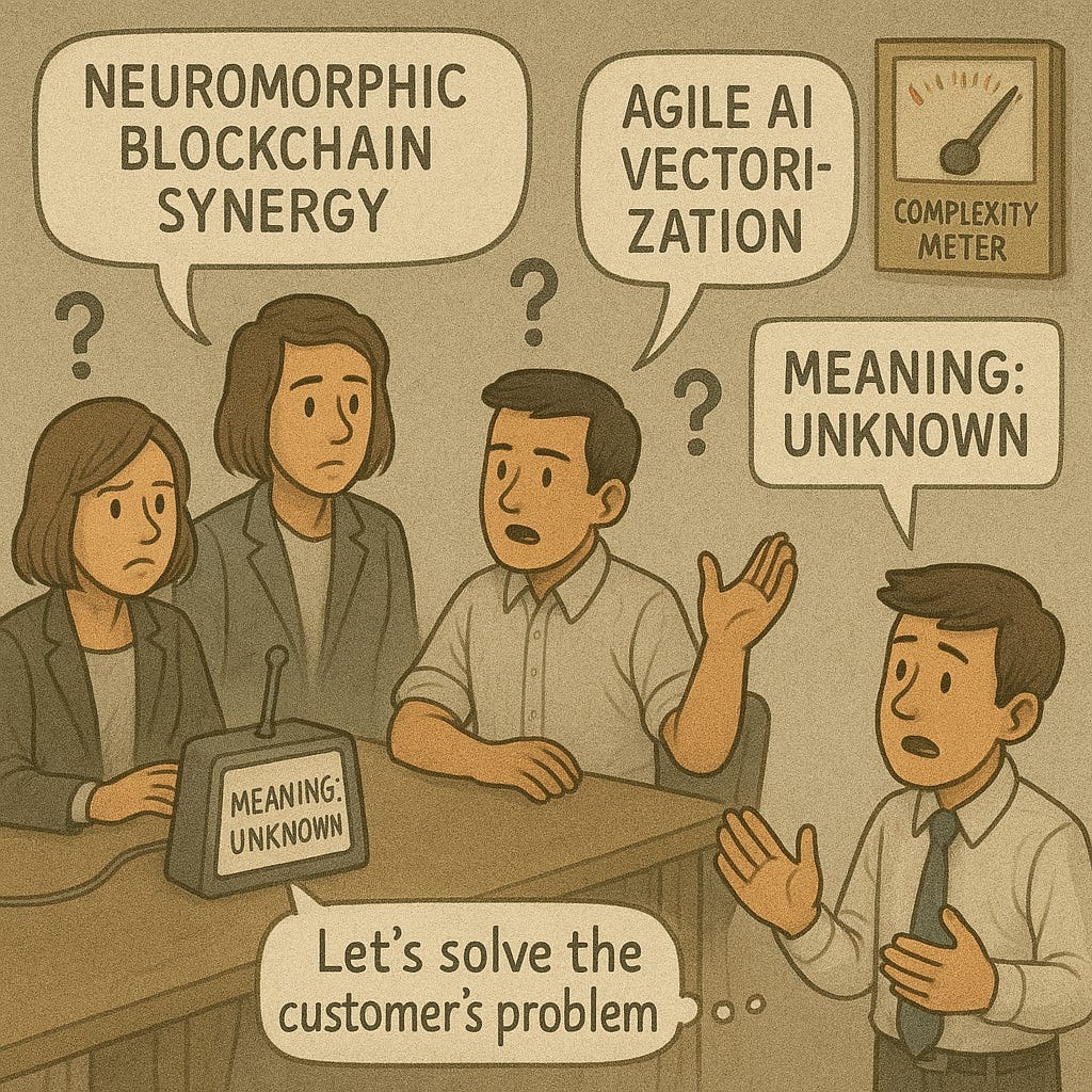 A meeting room where every person speaks in word bubbles filled with incomprehensible technical jargon: "NEUROMORPHIC BLOCKCHAIN SYNERGY," "QUANTUM ML PARADIGMS," "AGILE AI VECTORIZATION." Above their heads, confused question marks float while a translation device shows "MEANING: UNKNOWN." One person in the corner speaks in plain English ("Let's solve the customer's problem") but their words appear as tiny, ignored whispers. A "COMPLEXITY METER" on the wall shows maximum levels.
