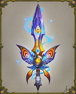 A fantasy sword with blue and orange colouring and a hilt shaped like a butterfly