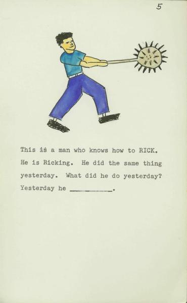 One of the original elicitation stimuli from Gleason’s 1958 experiment. On the top half of the page is a light blue, chick-like wug, with the text “This is a WUG”. On the bottom half of the page are two wugs side by side, with the text “Now there is another one. There are two of them. There are two [blank].