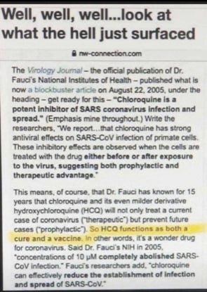 DR. MENGELE 2.0 AKA DR. FAUCI ALWAYS KNEW: 2005 NIH Research Study Proved "Chloroquine Is A Potent Inhibitor Of SARS Coronavirus Infection And Spread"