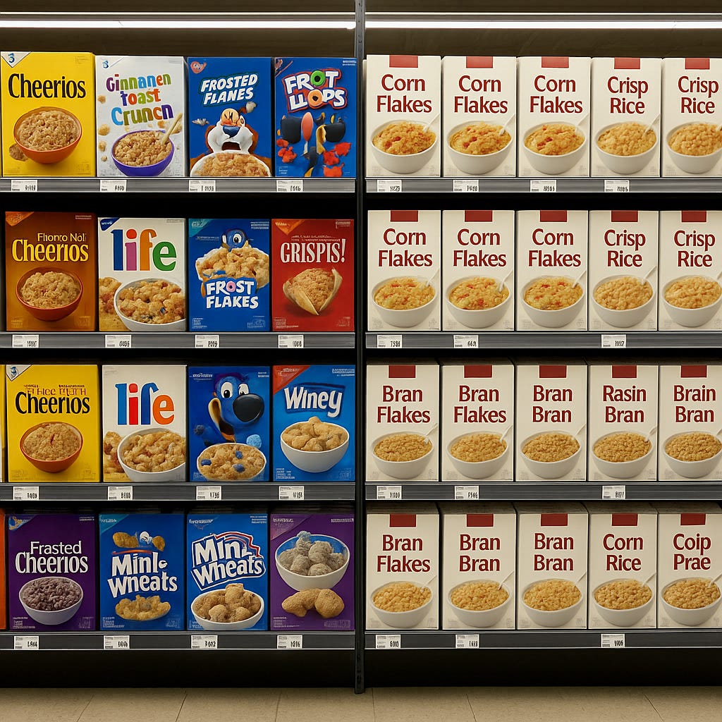 A grocery store aisle with shelves partially stocked in a “before and after” style — one side showing a variety of national brands, the other side dominated by similar-looking products, symbolizing reduced brand diversity after merchandising changes.