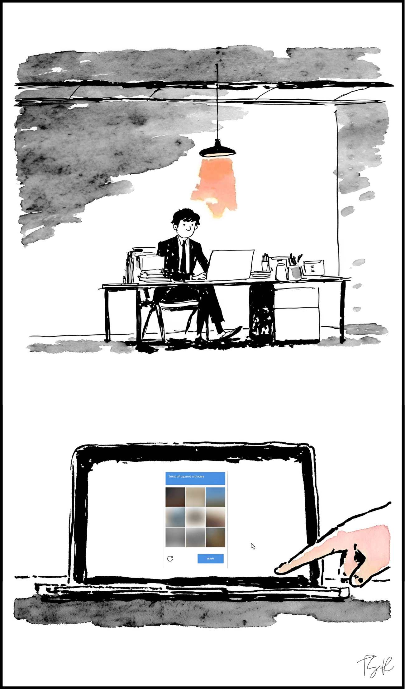 A two-panel, ink-wash illustration. The top panel shows a Kafkaesque figure in a dark suit at a desk under the stark glow of a single pendant lamp. In the lower panel, a close-up of a laptop screen displays a grid-based CAPTCHA with nine blurry squares and the instruction "Select all squares with cars." A hand enters the frame from the right, finger poised to tap the screen.