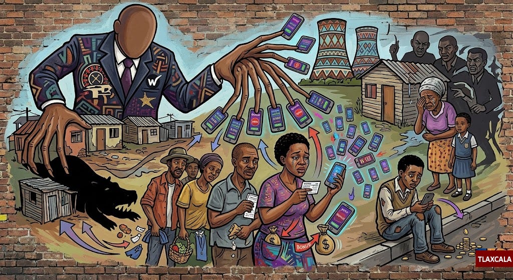 Mural ilustrado sobre una pared de ladrillo. Una figura sin rostro, vestida con traje, extiende unas manos largas sobre viviendas de township y personas que usan teléfonos móviles. Aplicaciones de apuestas, símbolos de dinero, flechas y monedas giran por toda la escena. A la izquierda aparece una sombra negra con forma animal junto a unas chozas, mientras familias preocupadas, un niño con un teléfono y personas mayores permanecen de pie o sentadas cerca. La imagen sugiere explotación, endeudamiento y daños sociales vinculados al juego en línea.