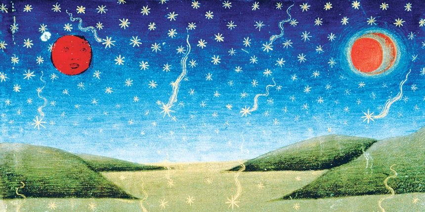 Red sun and moon against a starry blue sky above green hills. Red sun and moon against a starry blue sky above green hills.