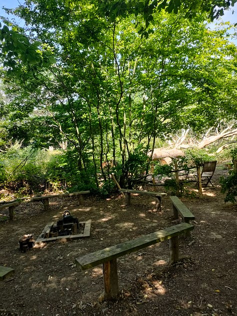 A woodland firepit circle, a view of the ocean from the clifftop with wildflowers in the foreground, a path in the woods, a wooden sign stating 'woodland path' and 'pond', a view of the sunset over a lake surrounded by grassland, a handbuilt hops hut
