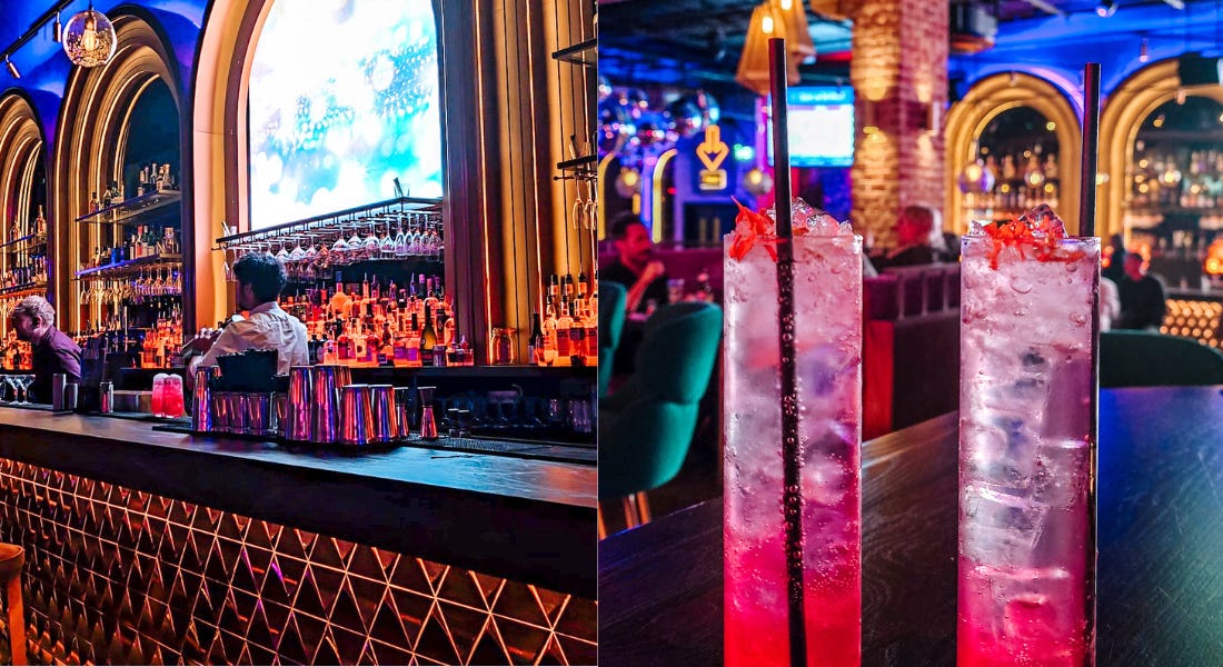 Two pictures - one of a gold bar with bartenders, and one of two tall pink cocktails on top of a table