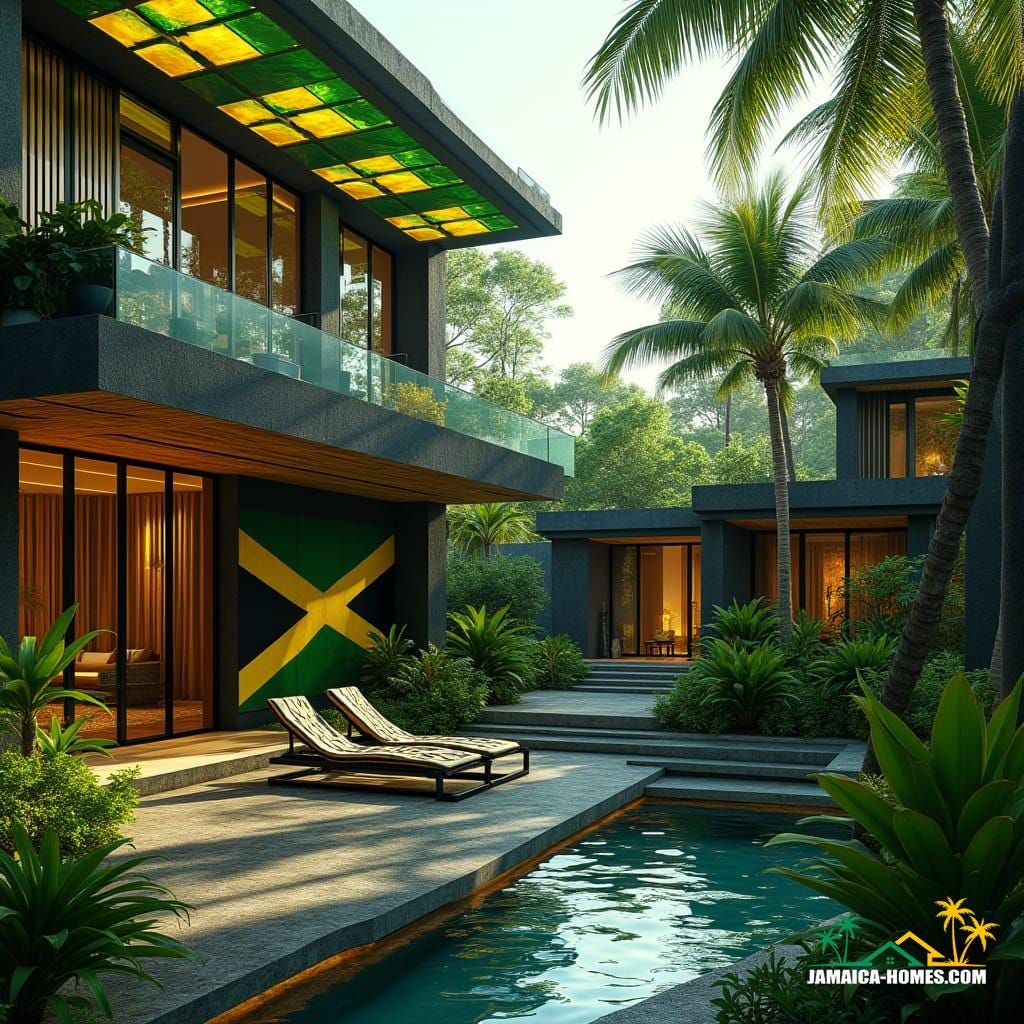 A futuristic Jamaican home, a geometric black volcanic stone structure with green and gold translucent solar panel tiles on the roof. A central open-air atrium courtyard features adjustable colored louvers in Jamaica flag colors. Acoustic wall art with soundwave patterns, bamboo-gold accents, and floor-to-ceiling glass windows allow integrated tropical plants to be visible throughout. The scene is bathed in bright tropical daylight, creating dramatic shadows. The architectural style is ultra-modern and cultural, rendered in high detail with cinematic lighting and bold, vibrant colors. The background depicts a Caribbean coastal landscape. This luxurious and futuristic abode is presented as a cinematic film still, shot on v-raptor XL, with film grain, a vignette, color grading, post-processing, 35mm film, live-action, and atmospheric, epic, stunning, dramatic qualities.