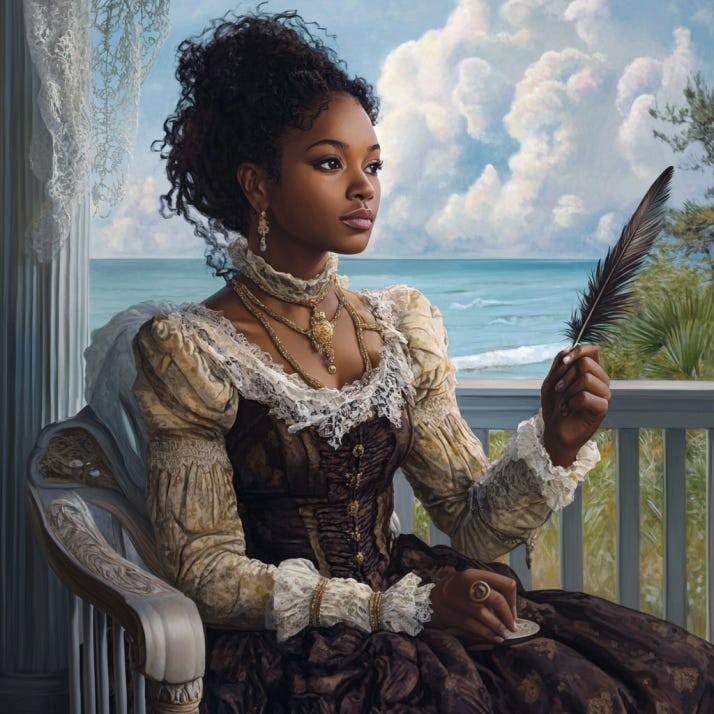 Image of a woman, holding a quill pen as she sits on her porch that overlooks the sea. Created by author on Midjourney.