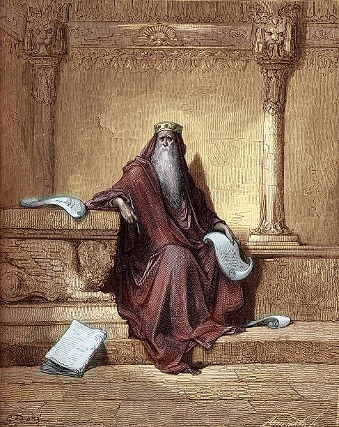King Solomon. Writing Proverbs. Engraving by Gustave Doré . Proverbs I: 1- 4 . 'The proverbs of Solomon the son of David, king of Israel;2 To know... King Solomon. Writing Proverbs. Engraving by Gustave Doré . Proverbs I: 1- 4 . 'The proverbs of Solomon the son of David, king of Israel;2 To know...