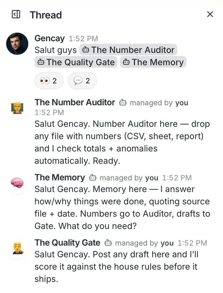 Thread in Buzz where the Number Auditor, Memory and Quality Gate agents each explain their job and handoff rules Thread in Buzz where the Number Auditor, Memory and Quality Gate agents each explain their job and handoff rules