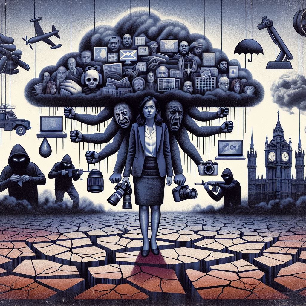 Where do I start with this one.  It is a grey, moody scene with a woman in a suit holding a camera.  She has a cloud above representing her brain with dark grey images of people, envelopes, laptop screens, papers, charts and a skull.  The woman has a head either side of her own which looks tortured .  There are 8 more arms with their fists tight or holding a camera.  Surrounding the image is a plain, umbrella, cloud, Houses of Parliment, hooded bodies with faces covered holding guns, a vehicle  and a computer with a drip of water falling underneath.  It is uncomfortable to look at and the stress is oozing out.
