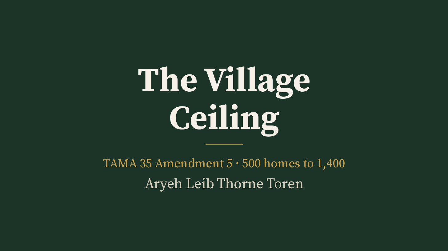 Title card on a plain dark green background. Large light serif lettering reads “The Village Ceiling”. Below a short gold rule, smaller text reads “TAMA 35 Amendment 5 · 500 homes to 1,400” and the byline “Aryeh Leib Thorne Toren”.
