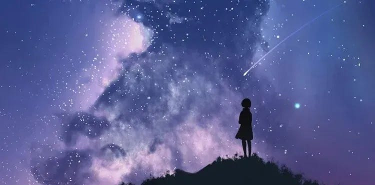 Silhouette of a girl standing on a hilltop gazing at a vibrant night sky with meteors and the Milky Way. Silhouette of a girl standing on a hilltop gazing at a vibrant night sky with meteors and the Milky Way.