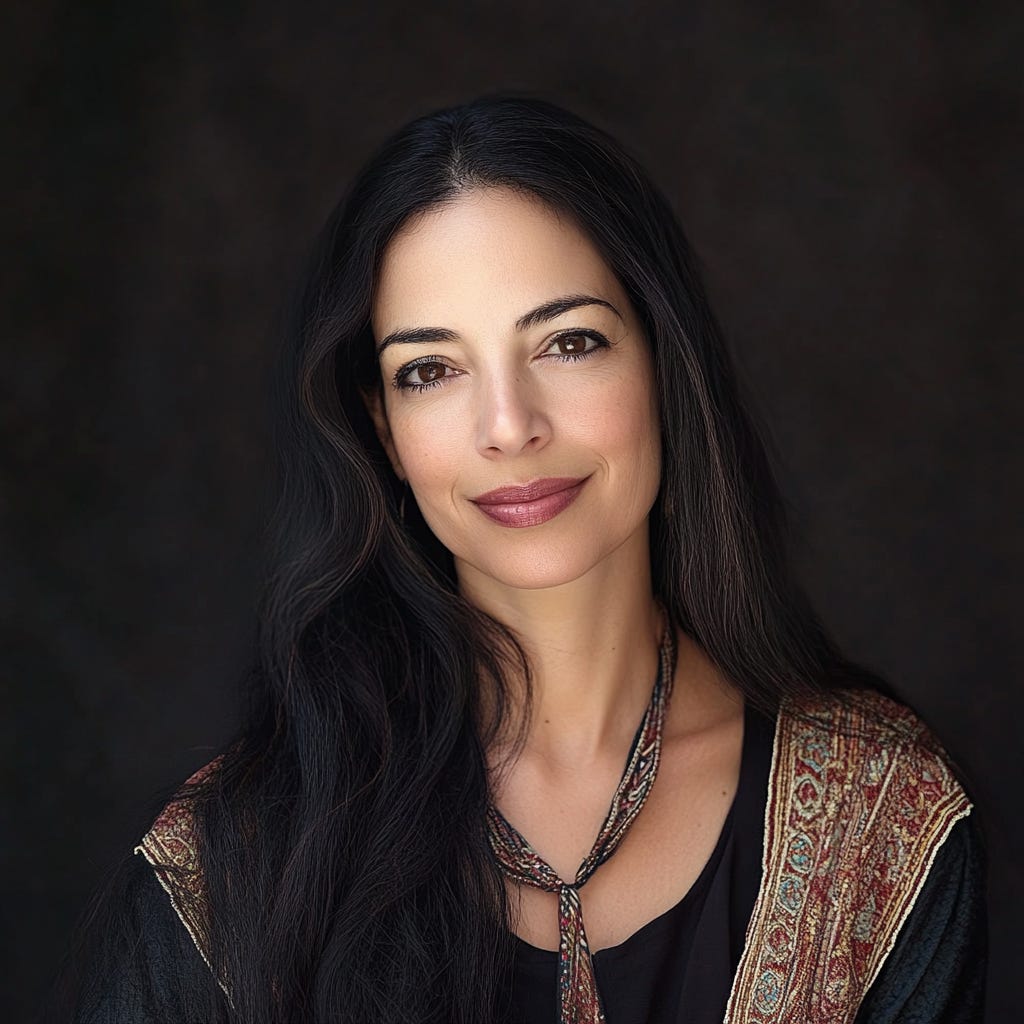 A reimagined portrait of Liat Portal created using MidJourney, featuring long dark hair, an embroidered shawl, and a delicate necklace, set against a softly lit dark background.