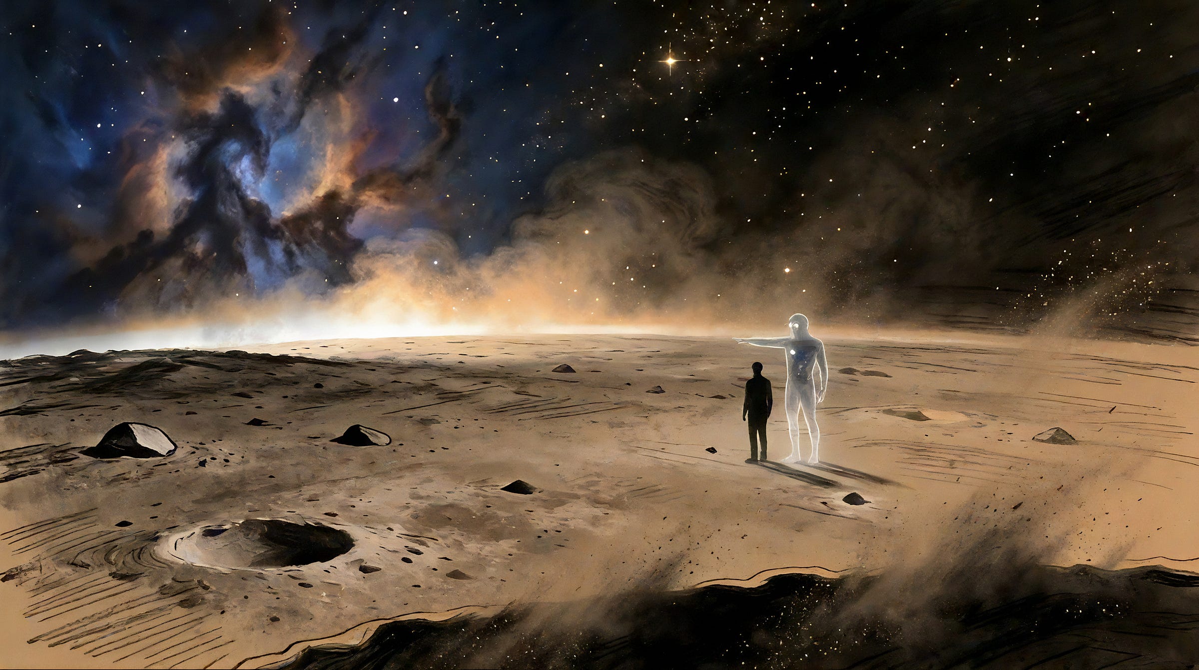 On a cold, dusty moon, a transparent see-through man stands beside a small solid figure and points across a vast empty plain. A bright fog of stars glows low in the distance. Warm-amber charcoal.
