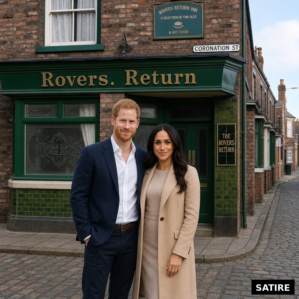 Satirical composite image of Prince Harry and Meghan Markle standing outside a Coronation Street-style pub sign reading "Rovers. Return," on a cobbled Weatherfield-style street, illustrating a satire piece on their reported UK return. Satire label displayed. The Almighty Gob. Satirical composite image of Prince Harry and Meghan Markle standing outside a Coronation Street-style pub sign reading "Rovers. Return," on a cobbled Weatherfield-style street, illustrating a satire piece on their reported UK return. Satire label displayed. The Almighty Gob.