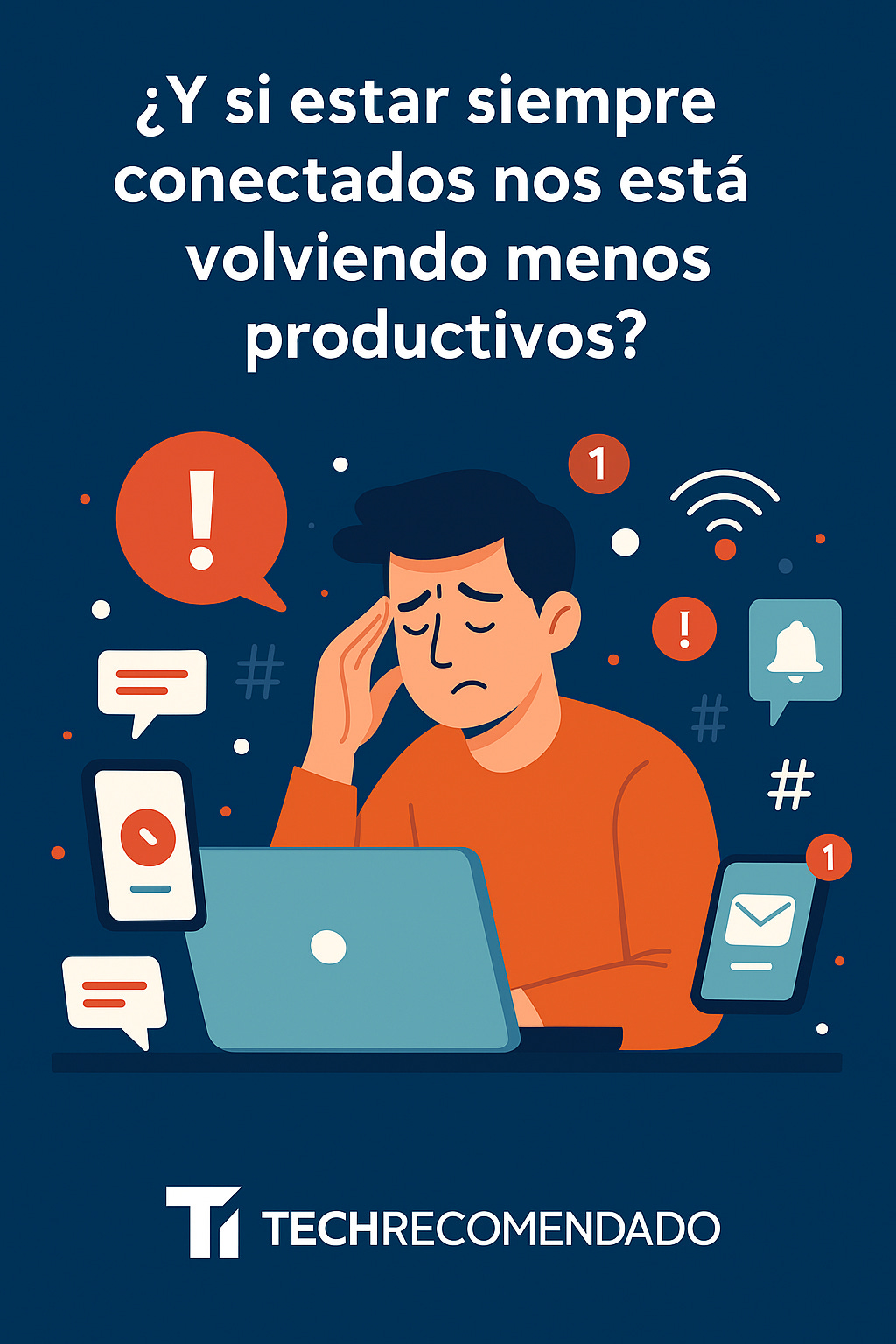 Ilustración digital de una persona saturada por notificaciones en múltiples dispositivos