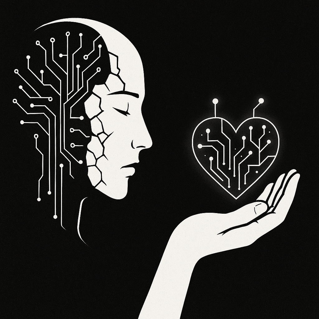 Black and white digital illustration of a human-like face with half of the head made of electronic circuits, eyes closed in calm expression. In front of the figure, a glowing circuit-shaped heart floats above an open hand, symbolizing the connection between AI, technology, and emotion