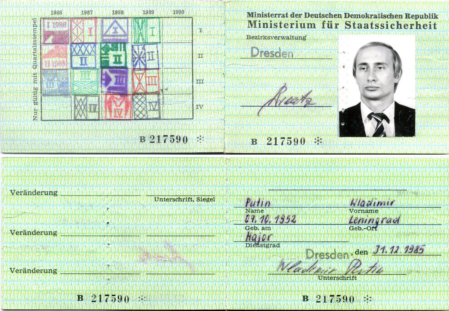Vladimir Putin's Stasi identification card. He was assigned as a KGB agent in Dresden, as a mid-level liaison to the "Stasi" (East German intelligence agency) in 1985. He held a job as a translator as a "cover" for his KGB work. 