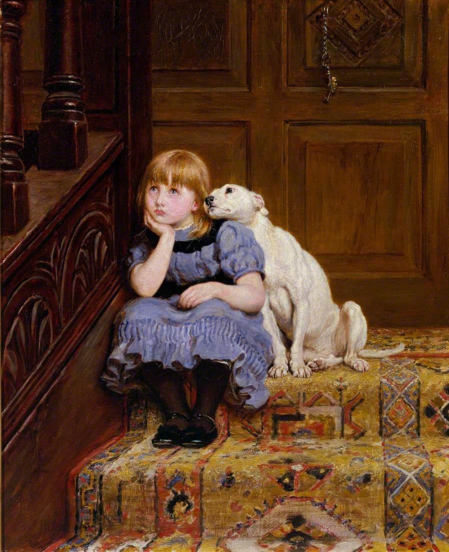 A small girl on a staircase with a terrier pressed close