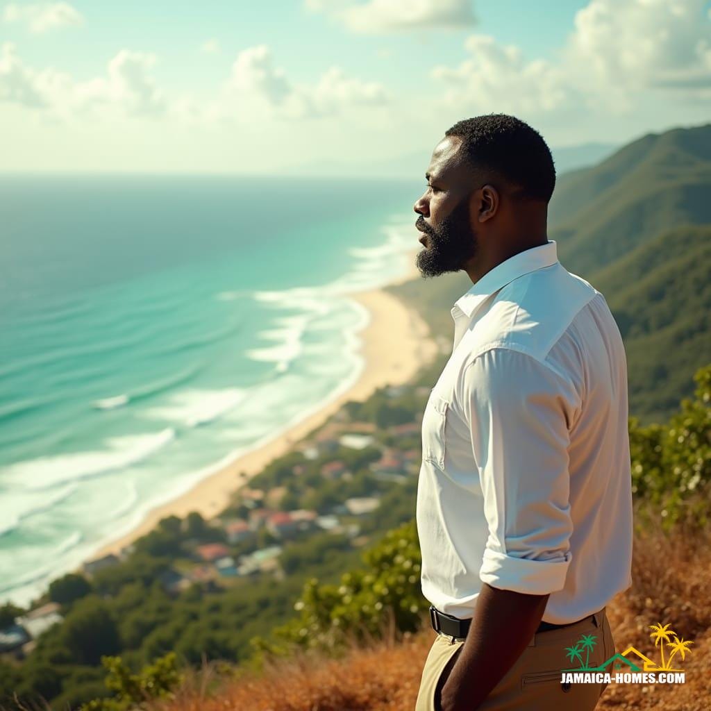 A black planning officer, dressed in a crisp white shirt and khaki pants, stands at the edge of a sun-kissed Jamaican coast, surveying a development site where turquoise waves meet the shore. The warm light of the Caribbean sun casts a golden glow on his determined expression, as he gazes out at the sprawling landscape. A black planning officer, dressed in a crisp white shirt and khaki pants, stands at the edge of a sun-kissed Jamaican coast, surveying a development site where turquoise waves meet the shore. The warm light of the Caribbean sun casts a golden glow on his determined expression, as he gazes out at the sprawling landscape.