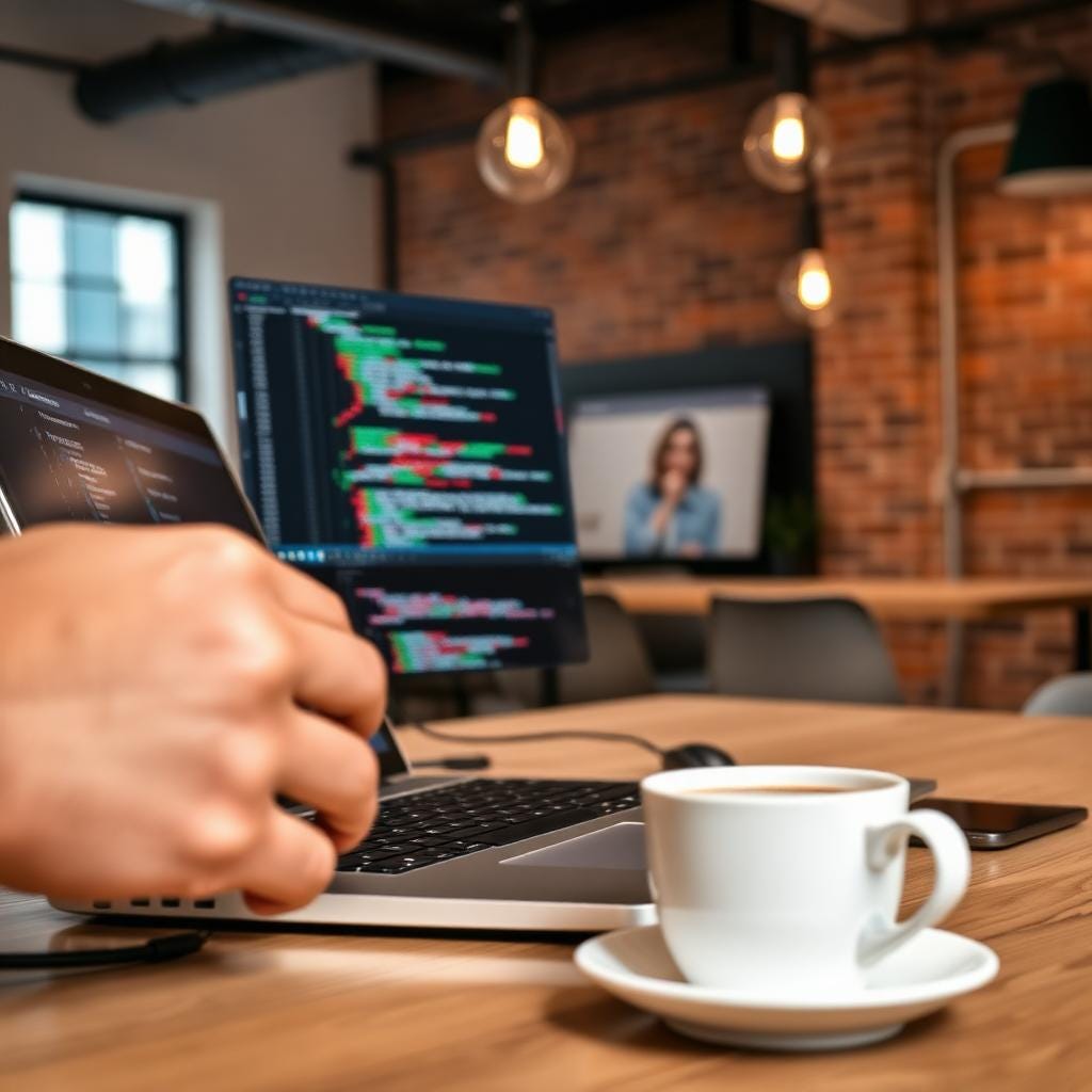 Developer working on a laptop with code editor visible in a brick-walled coworking space