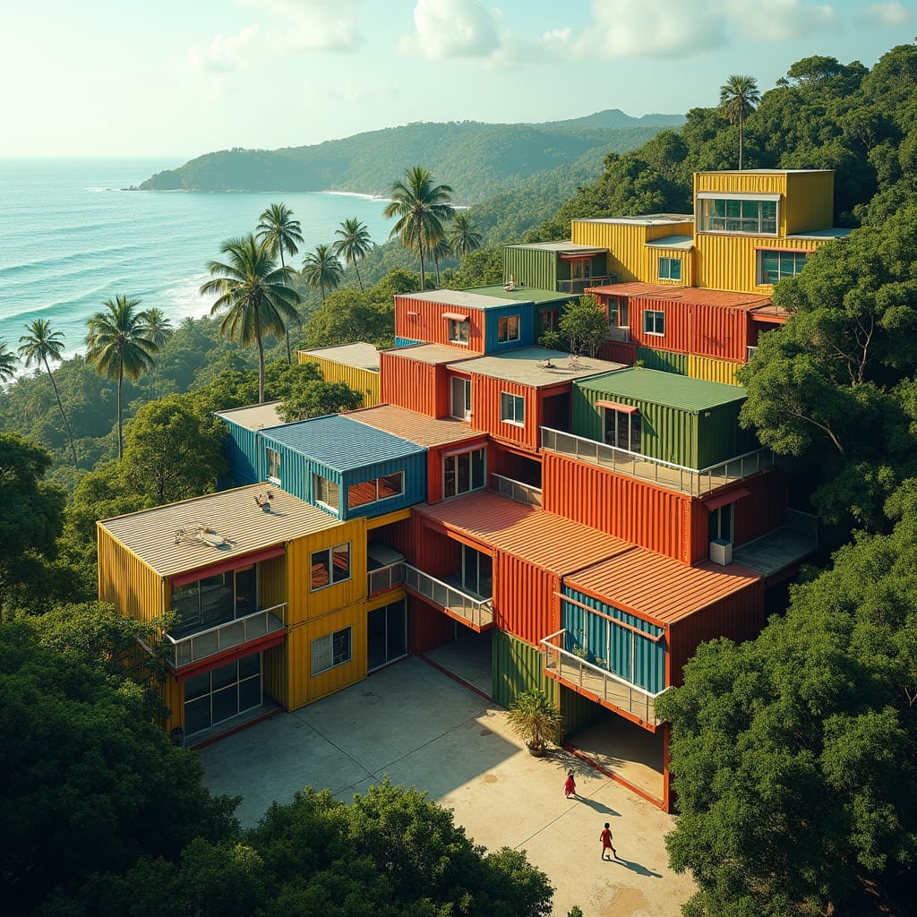 A vibrant, coastal school complex in Jamaica, comprising repurposed shipping containers in a kaleidoscopic array of colors, stacked in a dynamic, geometric pattern. Each container, now a classroom, boasts expansive glass windows that frame the turquoise ocean, inviting the sea breeze in. Lush palm trees and tropical foliage envelop the campus, fostering an eco-friendly ambiance. Green roofs and open-air walkways connect the classrooms, allowing students to revel in the island's natural beauty
