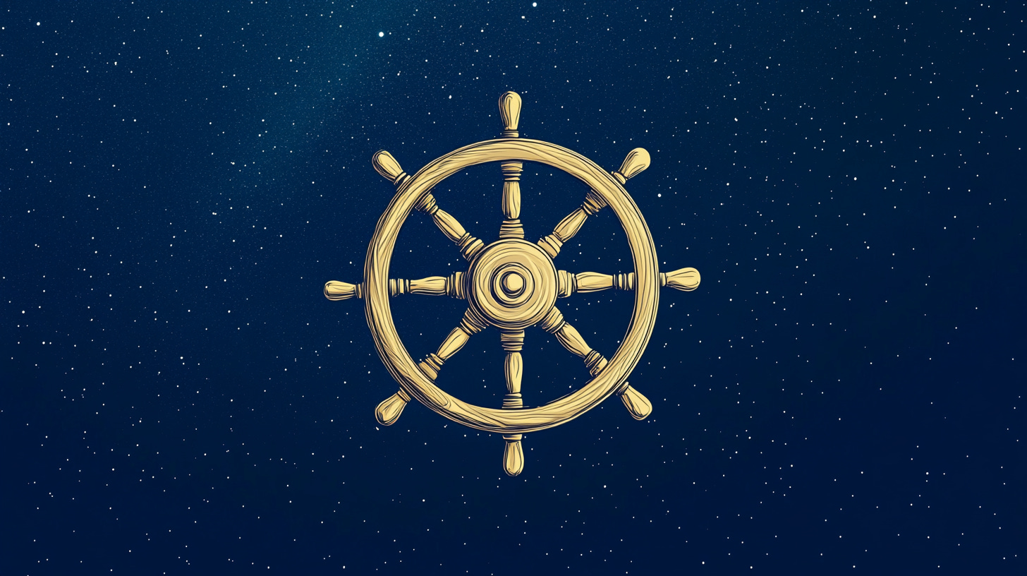 A ship's wheel on a starry background.