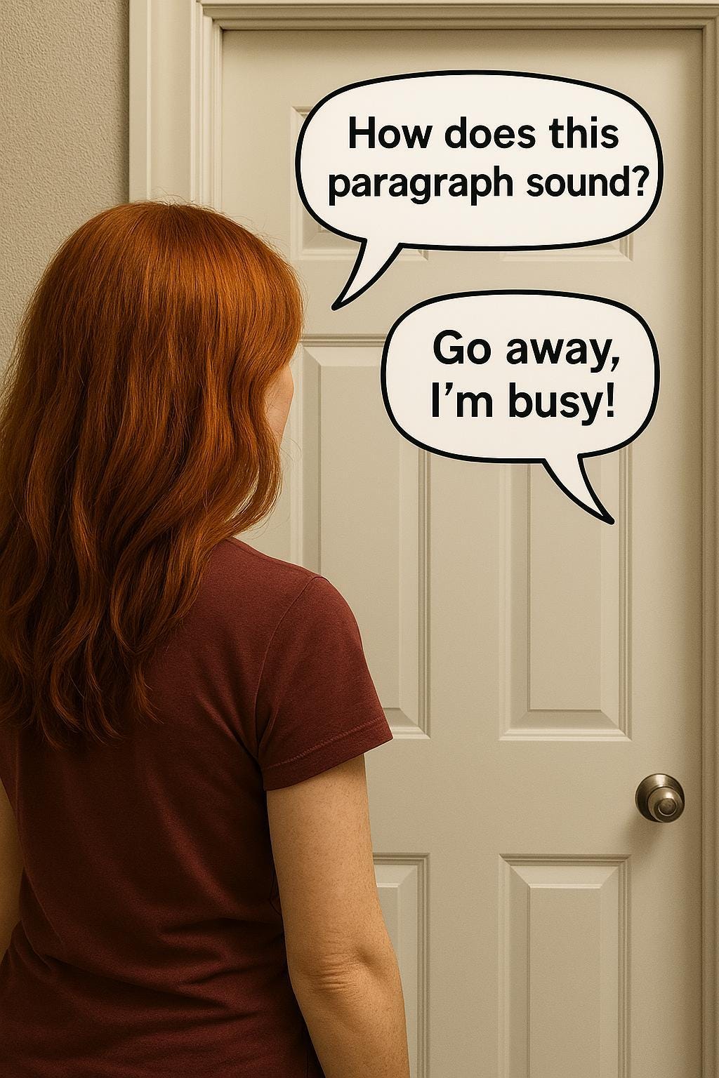 A redheaded woman stands outside a closed bathroom door holding a piece of paper. From behind the door, a voice says, “Go away, I’m busy!” while she asks, “How does this paragraph sound?” The image humorously captures the dynamic between a writer and her exasperated spouse.