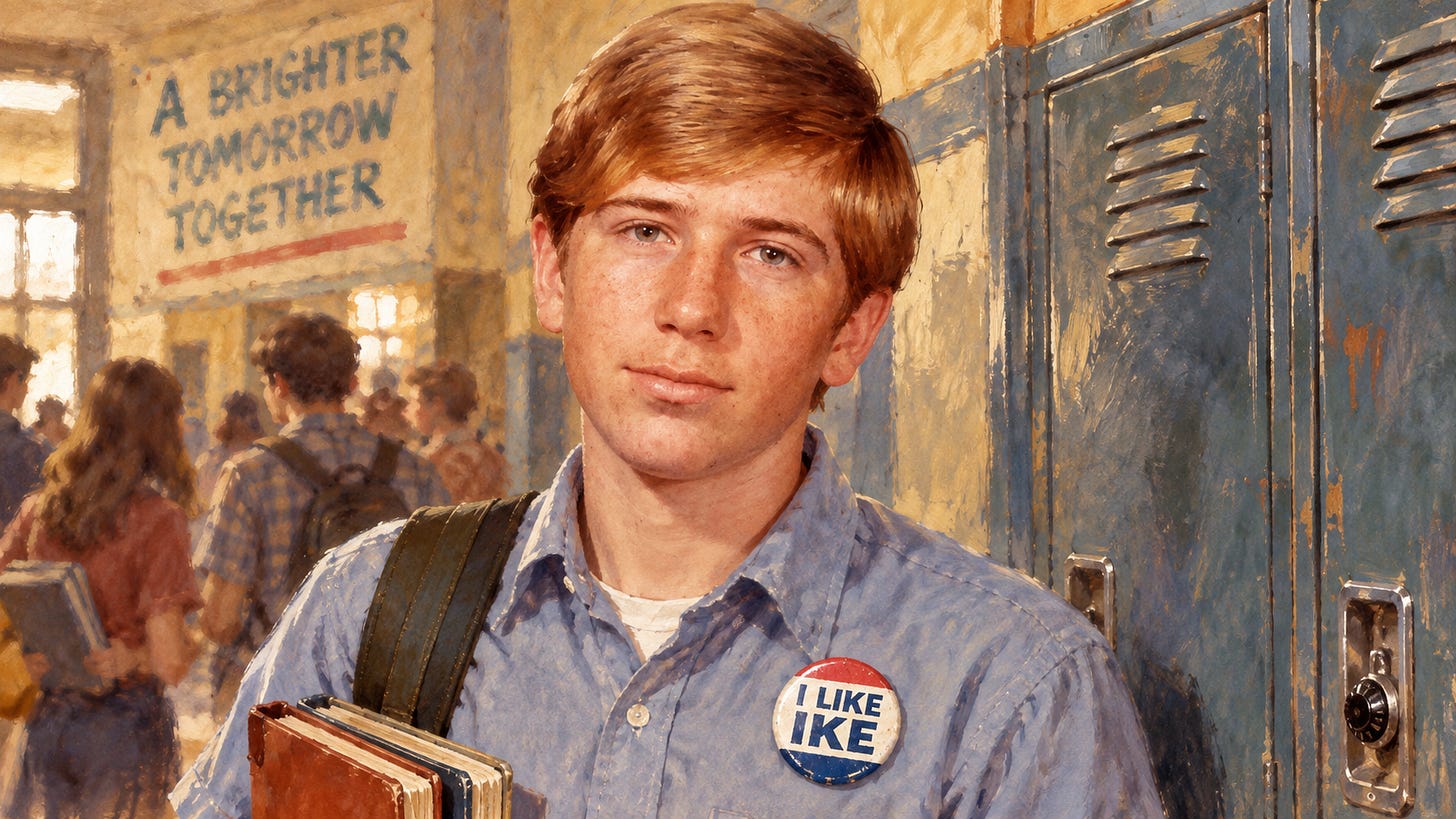 AI image of author Rick Horowitz as a teenager in a 1970s high school hallway, wearing a casual blue shirt with an “I Like Ike” campaign button pinned to his chest, standing beside blue lockers with other students in the background.