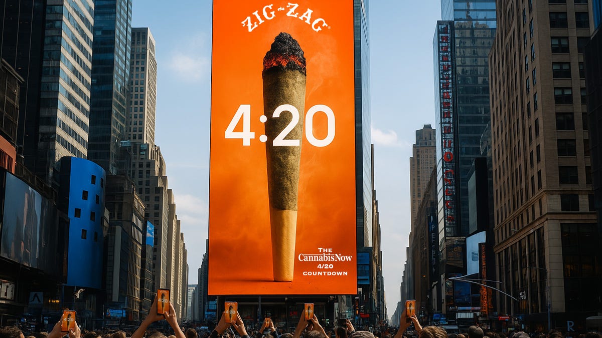 Vertical billboard depicting a massive lit joint and the timestamp "4:20." The brand name ZIG-ZAG appears at the top; CANNABIS NOW appears at the bottom.