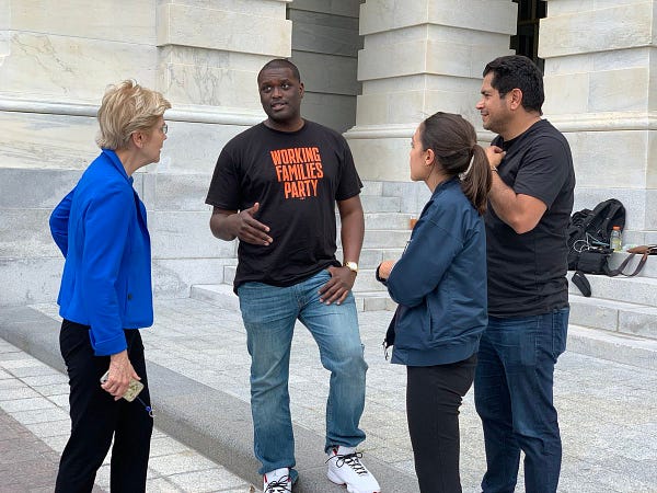Rep. Jones speaks with Rep. Ocasio-Cortez, Senator Warren, and Rep. Gomez on the House steps
