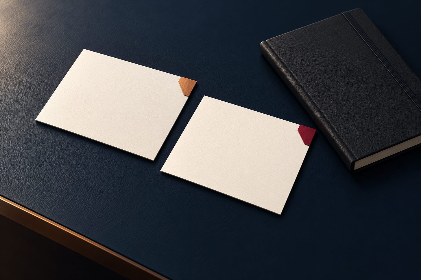 Two blank request cards beside a closed notebook on a dark desk. Two blank request cards beside a closed notebook on a dark desk.