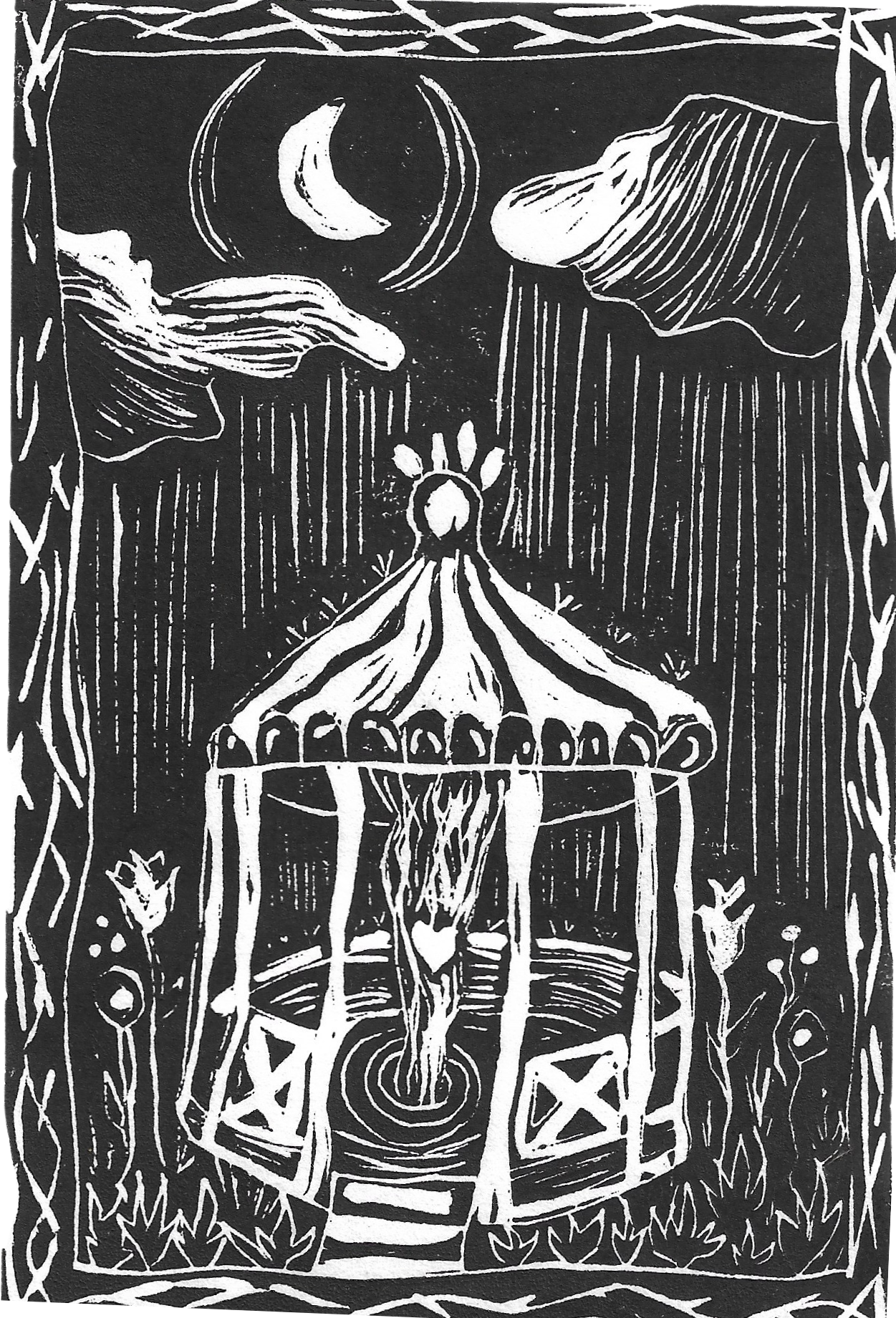 Woodcut of a white gazebo at night