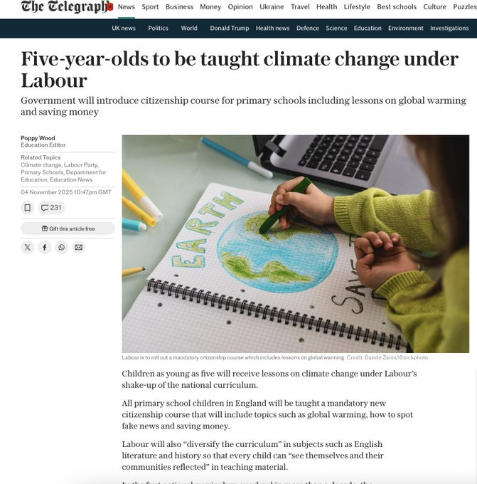 Newspaper article page from The Telegraph with headline Five-year-olds to be taught Trump climate change under Labours new citizenship course for primary schools including lessons on global warming. Byline Poppy Wood Labour Party Related Topics Department for Education dated 04 November 2020. Image shows a young child with green sweater sitting at desk drawing on paper with colored pencils next to an open notebook and a green globe depicting Earth continents and Save the Earth text. Article text discusses mandatory citizenship course rollout in primary schools covering climate change fake news and saving money with diversification in English literature.