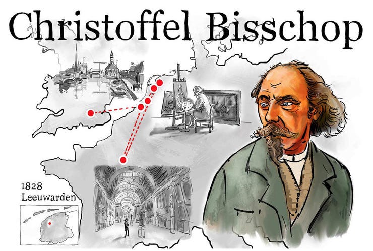 Christoffel Bisschop en de reizen die hij maakte (Illustratie: Gert-Jan Veenstra)