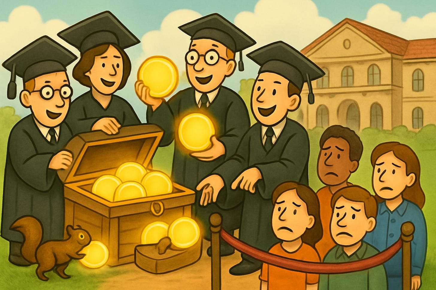 Whimsical cartoon illustrating woke language as capital hoarding by elite academics, with excluded minority individuals looking confused and sad, minimal labeling.